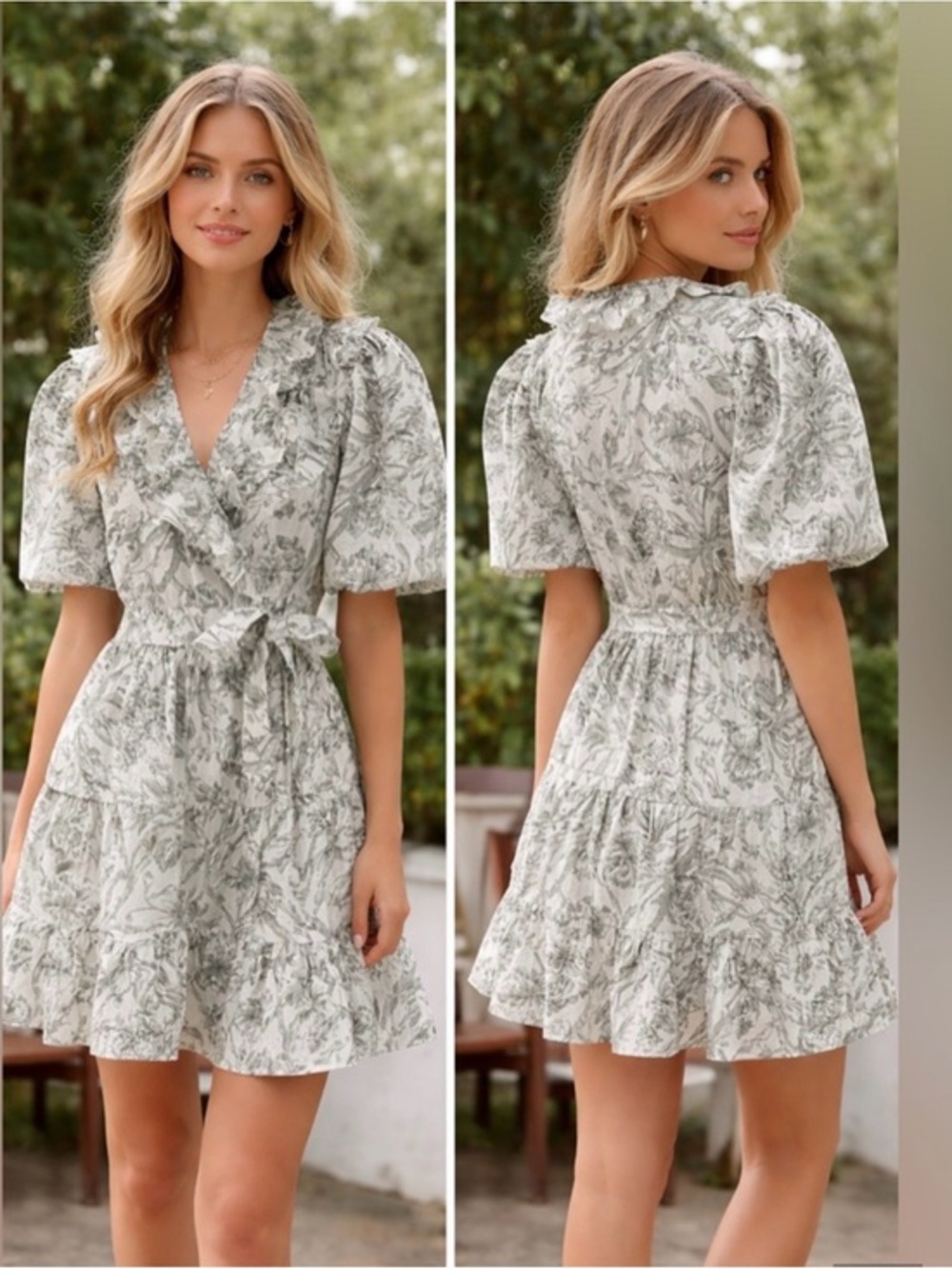 Caroline Constas Ivory & Green Floral Ruffle Wrap Mini Dress size small